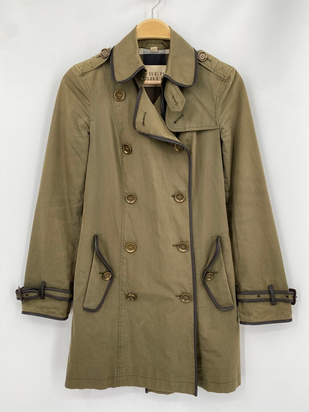Burberry 2 Tartan lining leather trim piping double button Trach style coat